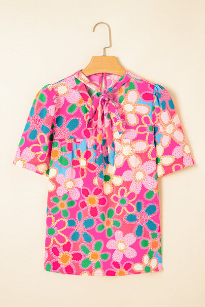 Multicolor Floral Print Bubble Sleeve Shirt