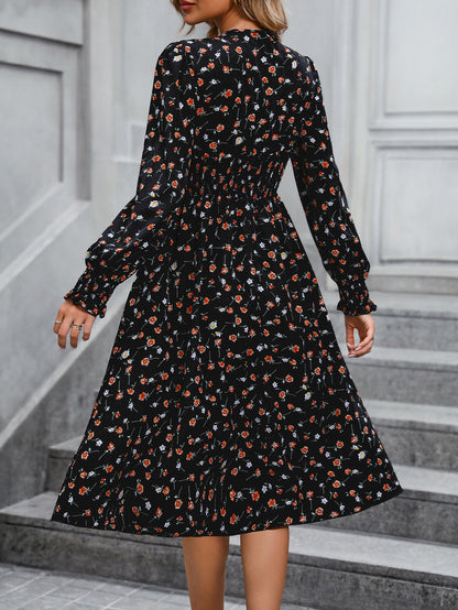 Women's Fashion Temperament High Waist Floral Print Long Sleeve Dress