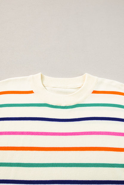 Beige Stripe Dropped Short Sleeve Boxy Fit Knitted Top