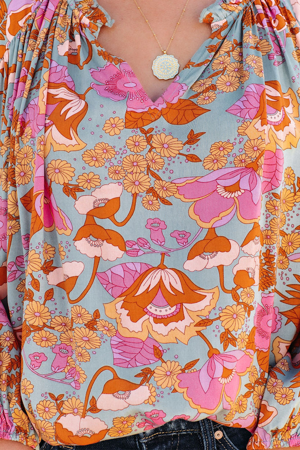 Brown Vintage Floral Smocked Bodice Flare Sleeve Tiered Long Dress