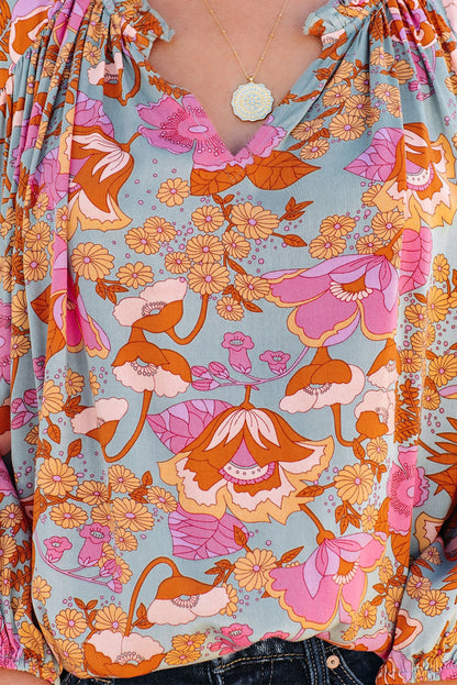 Brown Vintage Floral Smocked Bodice Flare Sleeve Tiered Long Dress