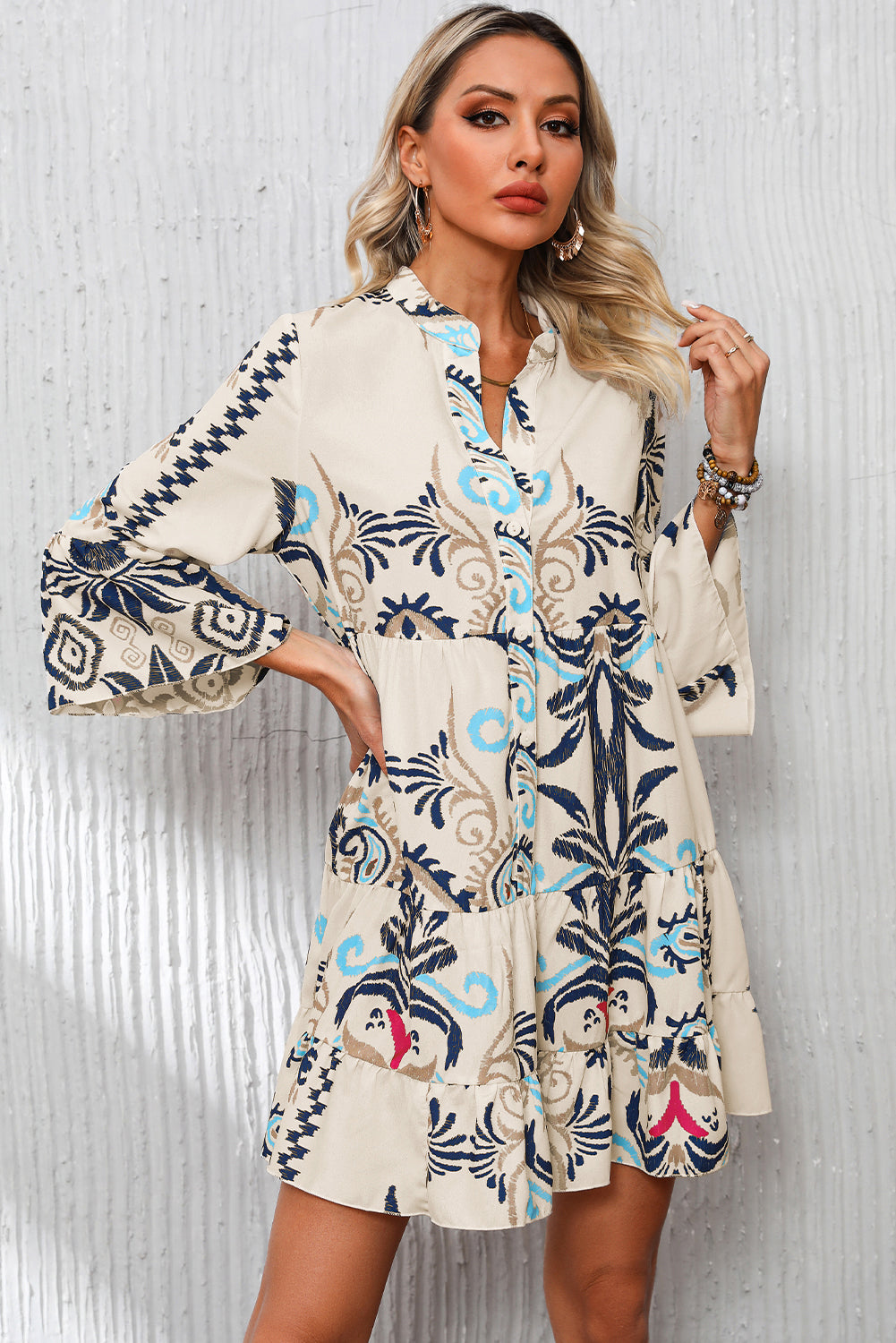 White Printed Tribal Print Bracelet Sleeve Buttoned Mini Dress