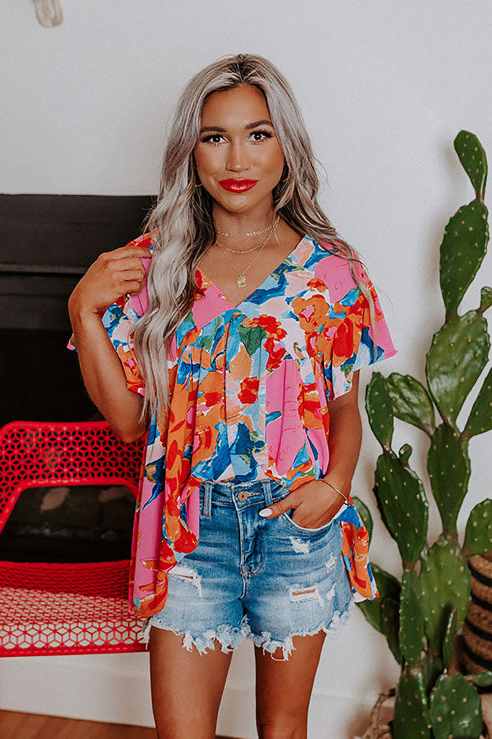 Red Abstract Floral Print V Neck Plus Blouse