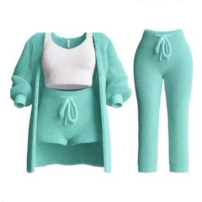 Autumn And Winter New Knitted Plush Long Sleeve Coat Vest Shorts Four-piece Set