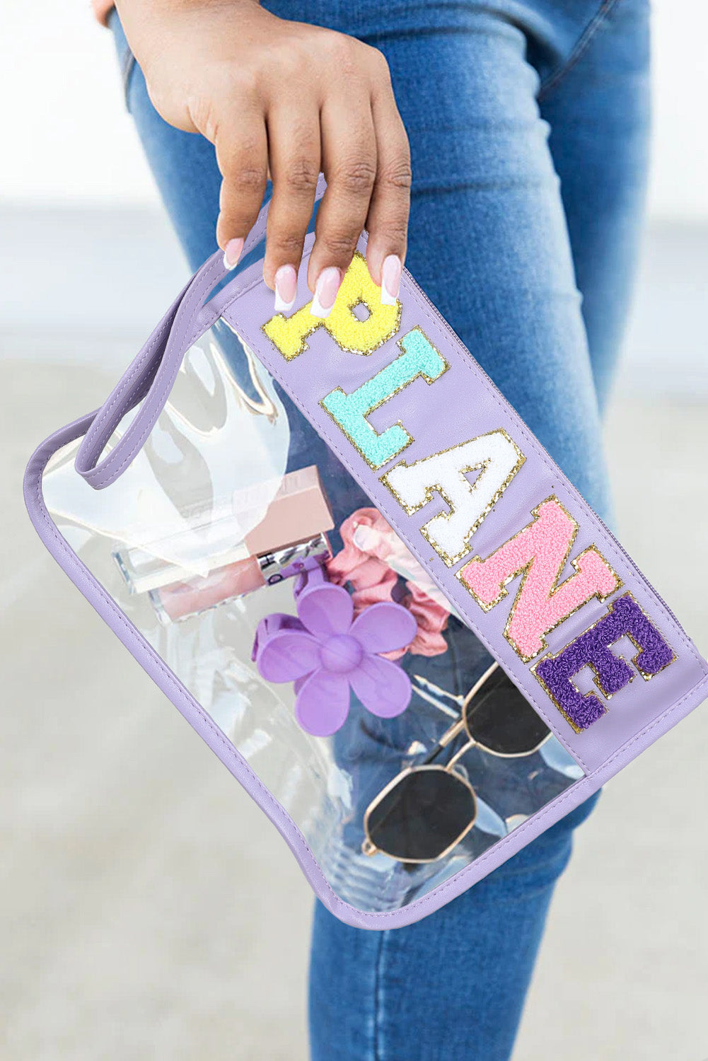 Black SNACKS Chenille Letters Zipped Clear Pouch