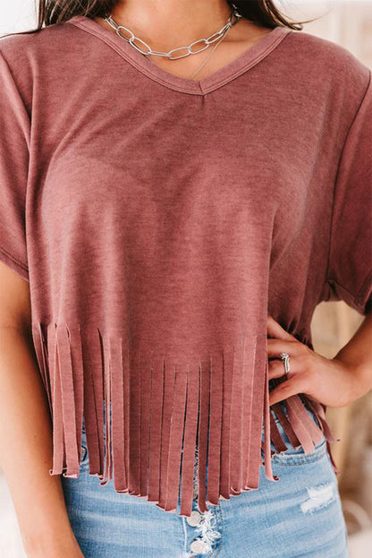 Red Fringe Hem V Neck T Shirt