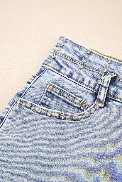 Beau Blue Rhinestone Light Wash Raw Hem High Waist Denim Shorts