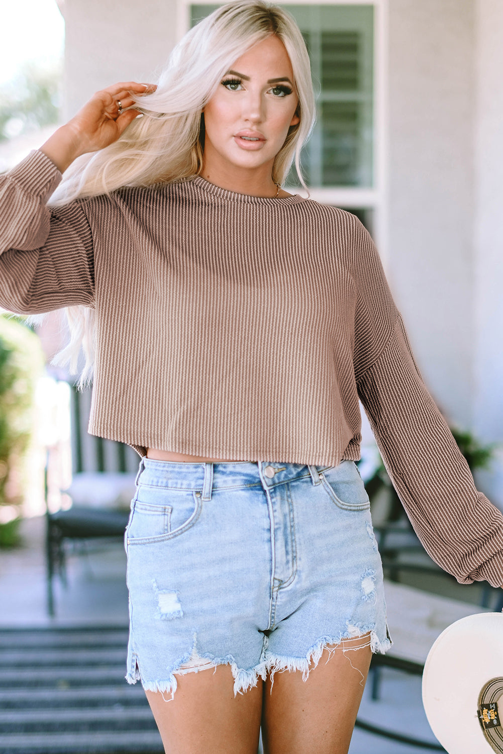 Khaki Game Day Graphic Crop Corded Knit Top