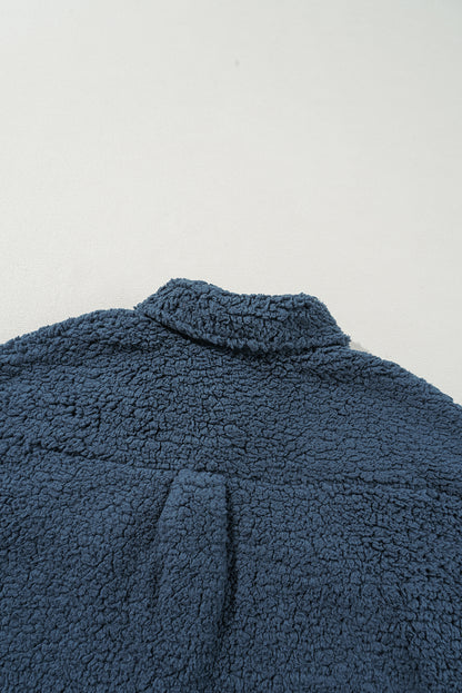 Blue Contrast Flap Pocket Single Breasted Teddy Coat