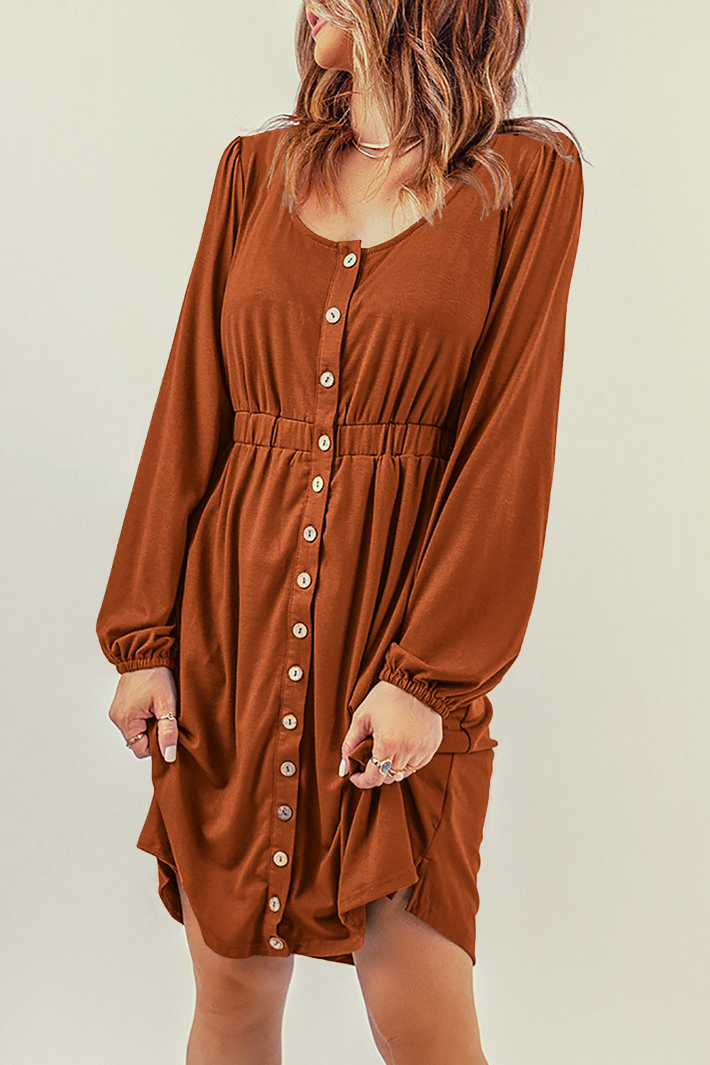 Orange Button Up High Waist Long Sleeve Dress