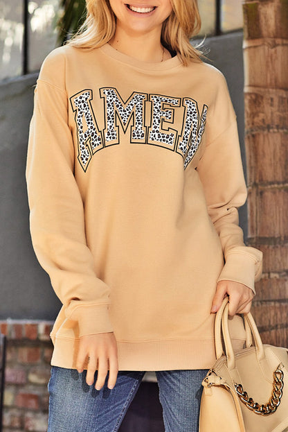 Pink AMEN Leopard Letter Print Oversized Pullover Sweatshirt