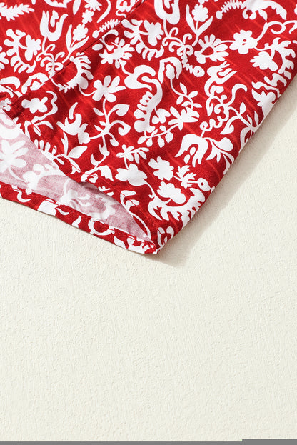 Russet Orange Floral Print Smocked Tie Neck Blouse