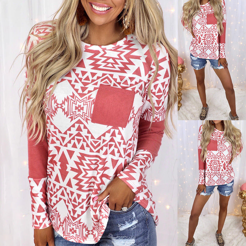 Spliced Printed Long-Sleeved Pocket Casual Top T-Shirt