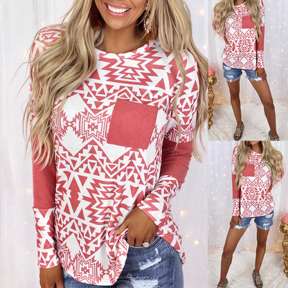 Spliced Printed Long-Sleeved Pocket Casual Top T-Shirt