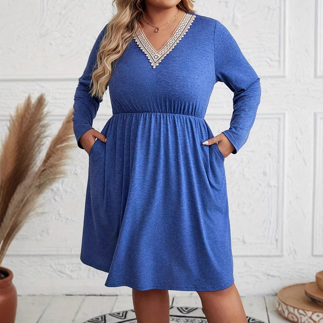 Womens V-neck Long-sleeve Knit Dress With Lace-trimmed Neckline