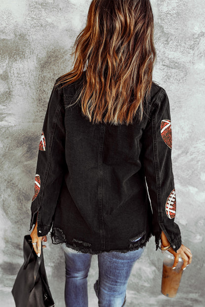 Black Sequin Rugby Graphic Pullover Sweatshirt