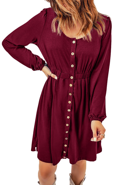 Orange Button Up High Waist Long Sleeve Dress