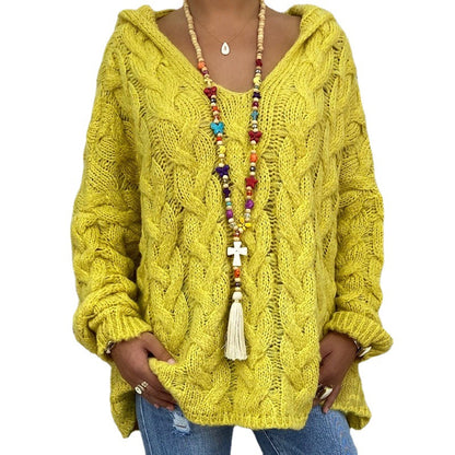 Solid Color Twist Knitted Hoodie Sweater For Women