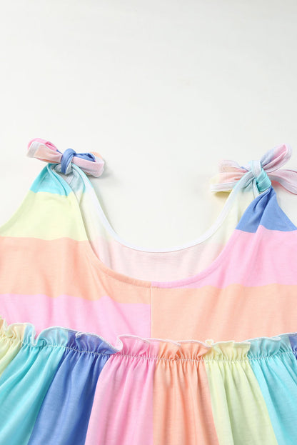 Multicolor Striped Print High Waist Short Sleeve Romper with Pockets