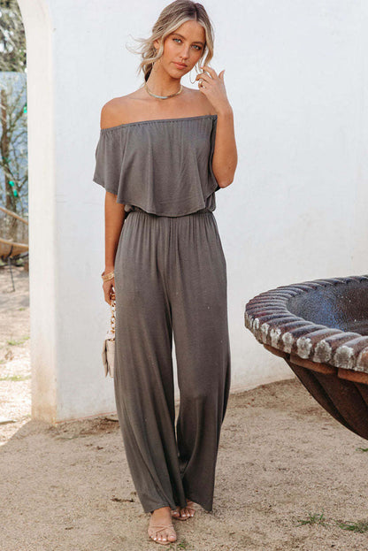 Gray Solid Color Off Shoulder Wide Leg Jumpsuit
