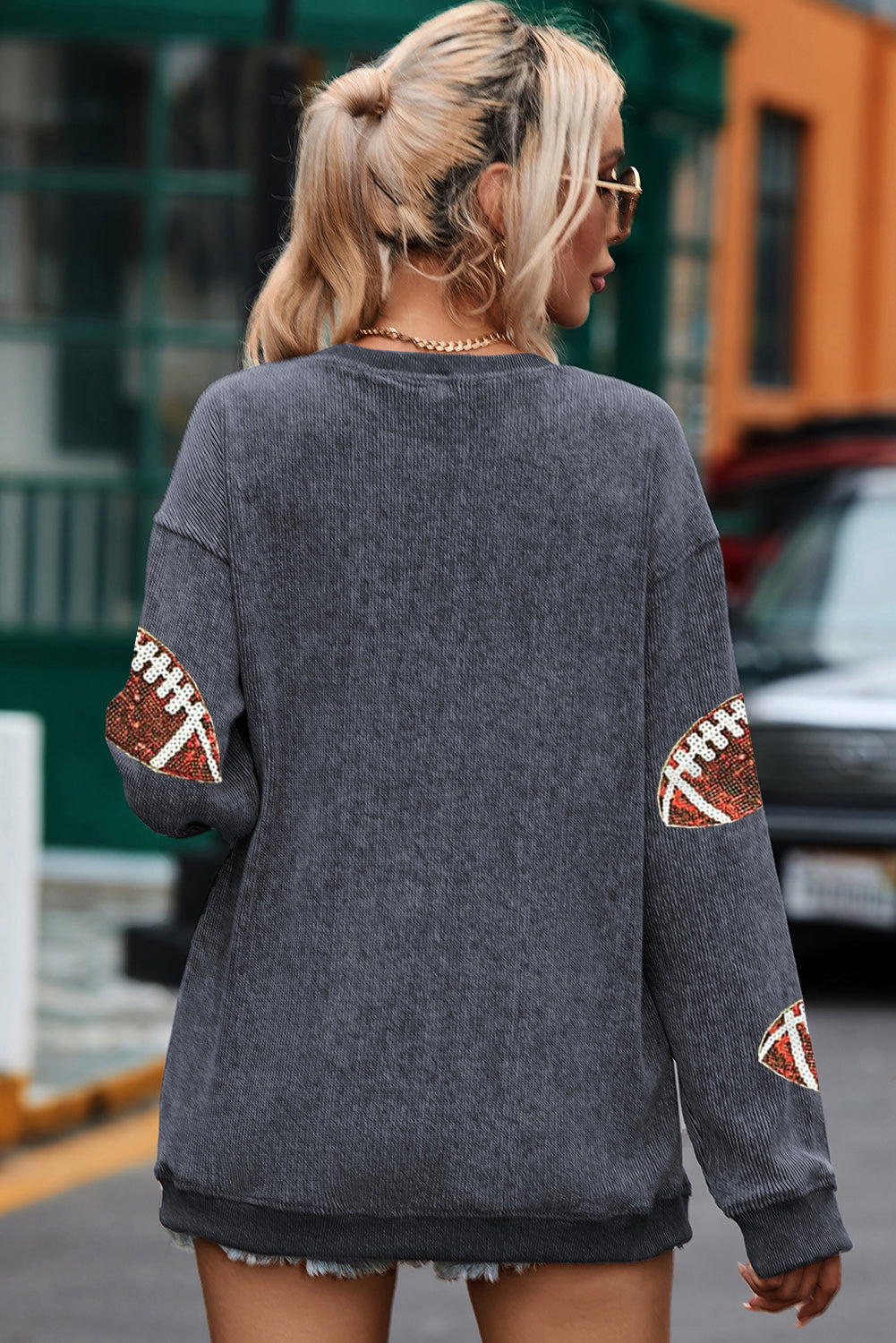 Black Sequin Rugby Graphic Pullover Sweatshirt