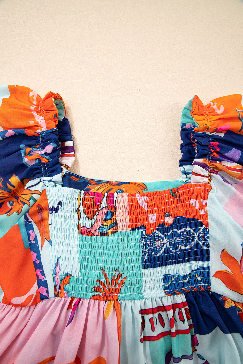 Sky Blue Tropical Printed Square Neck Flutter Sleeve Babydoll Blouse