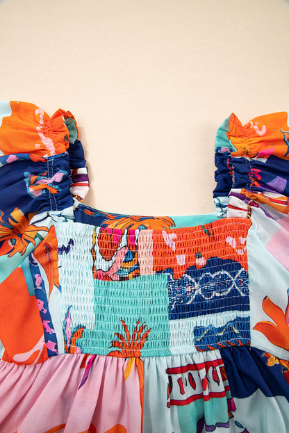 Sky Blue Tropical Printed Square Neck Flutter Sleeve Babydoll Blouse