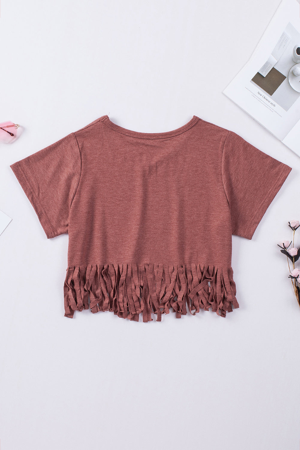 Red Fringe Hem V Neck T Shirt