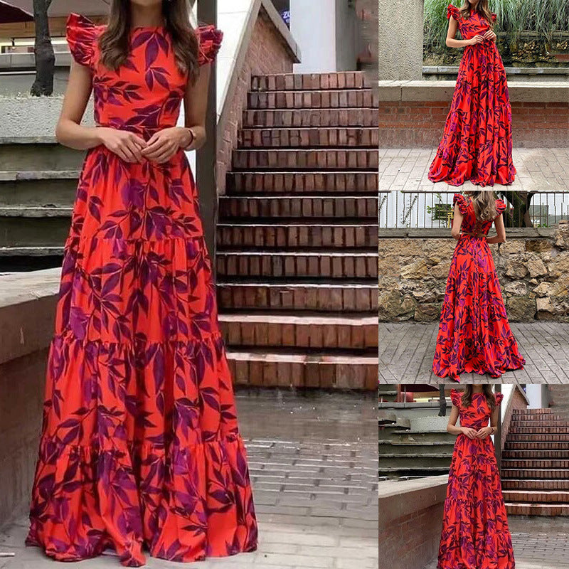 Women's Clothing Elegant Graceful Round-neck High Waist Slim-fit Printed Long Dress