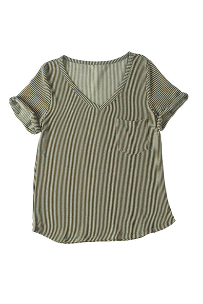 Carbon Grey Twist Short Sleeve Corded V Neck Top