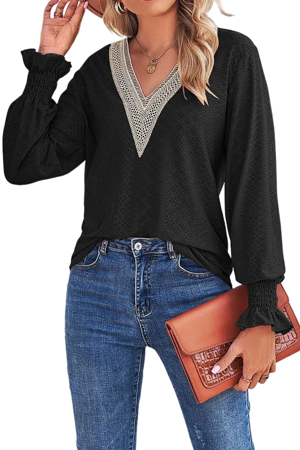 Green Lace Trim V Neck Short Sleeve Blouse