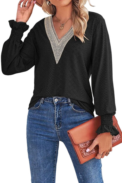 Green Lace Trim V Neck Short Sleeve Blouse