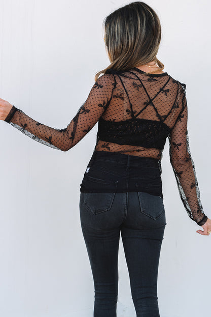 Black Bow Pattern Accent Mesh Long Sleeve Top