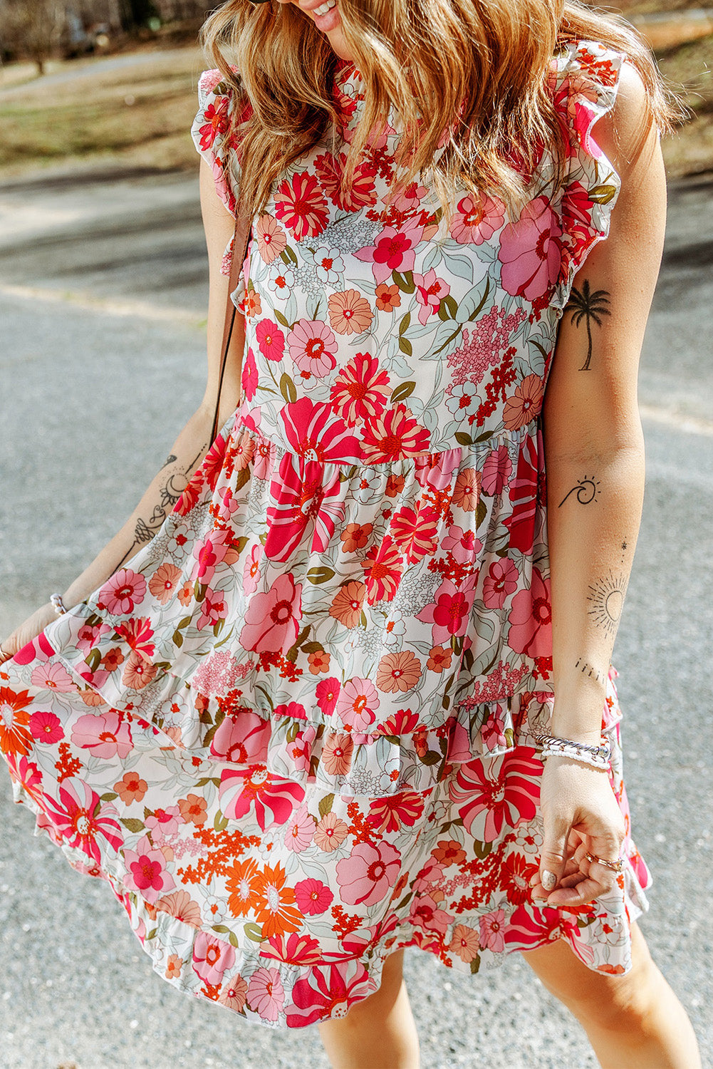 Pink Lace-up Halter Backless High Waist Floral Maxi Dress