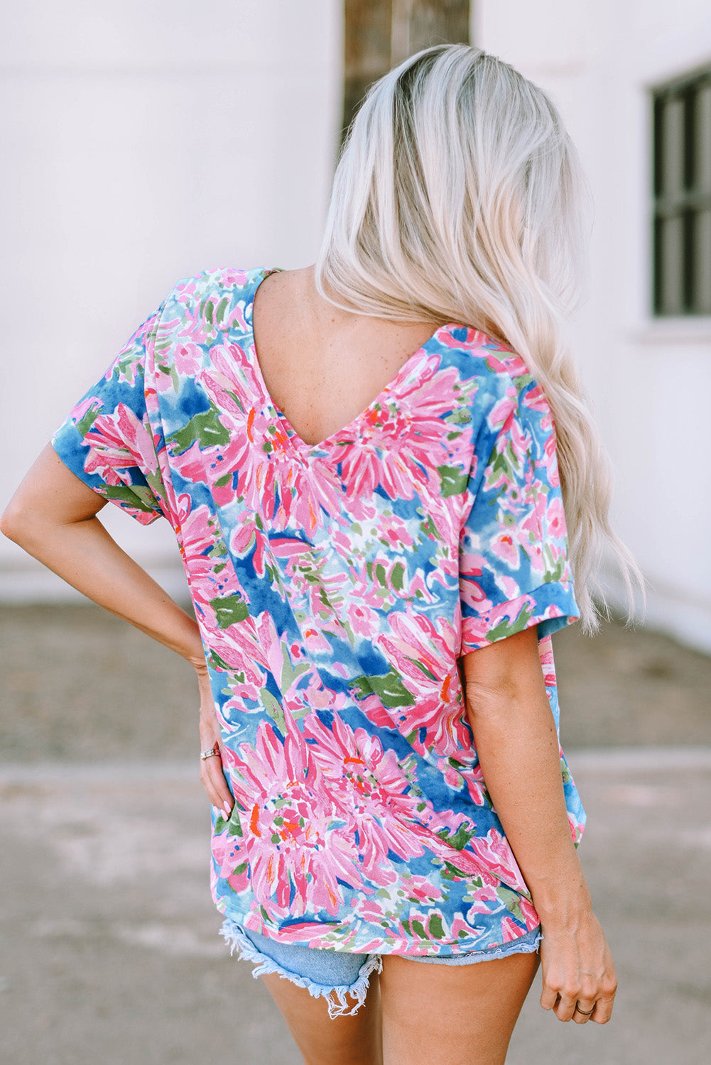 Pink Floral Print Buttoned V Neck Shirt