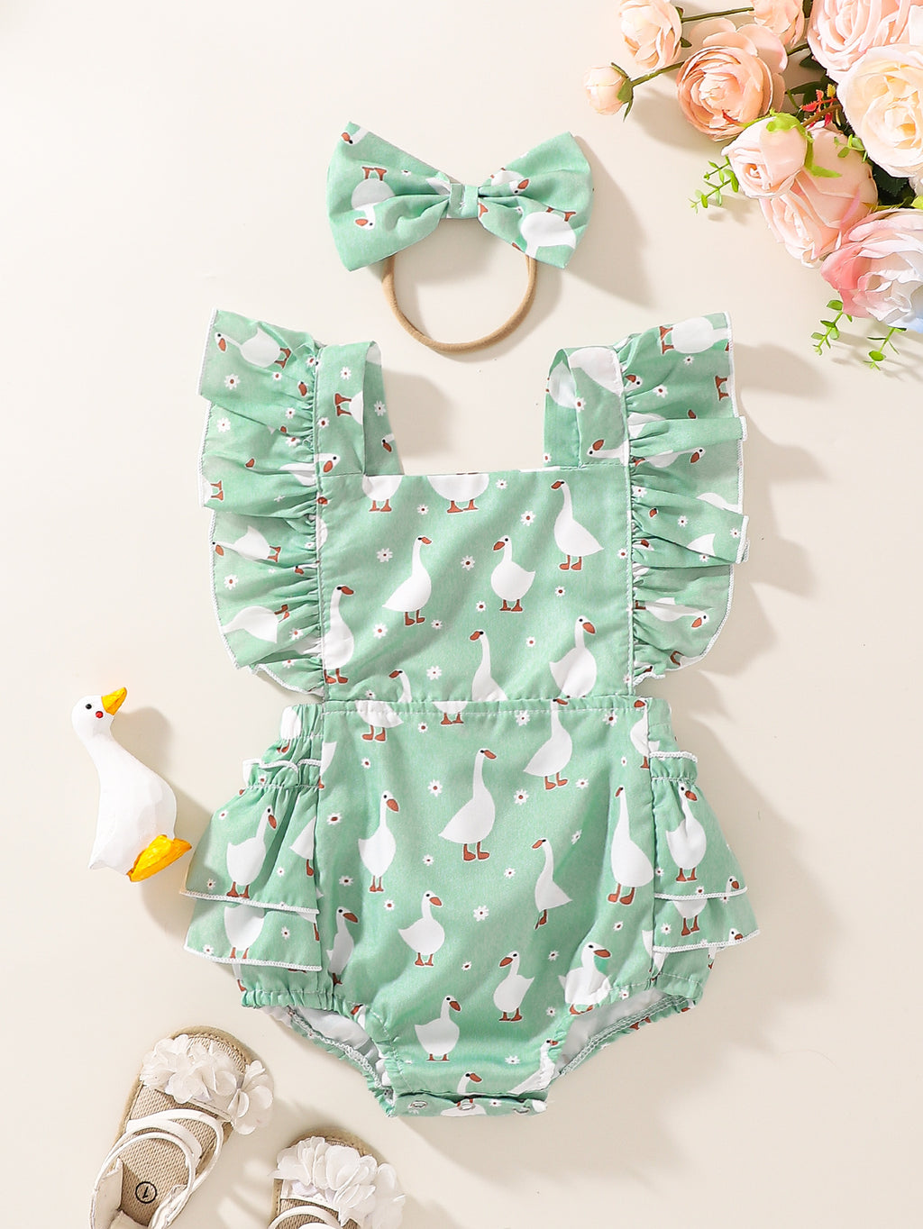 Cartoon Duck Flounced Sleeve Romper Hair Band Set