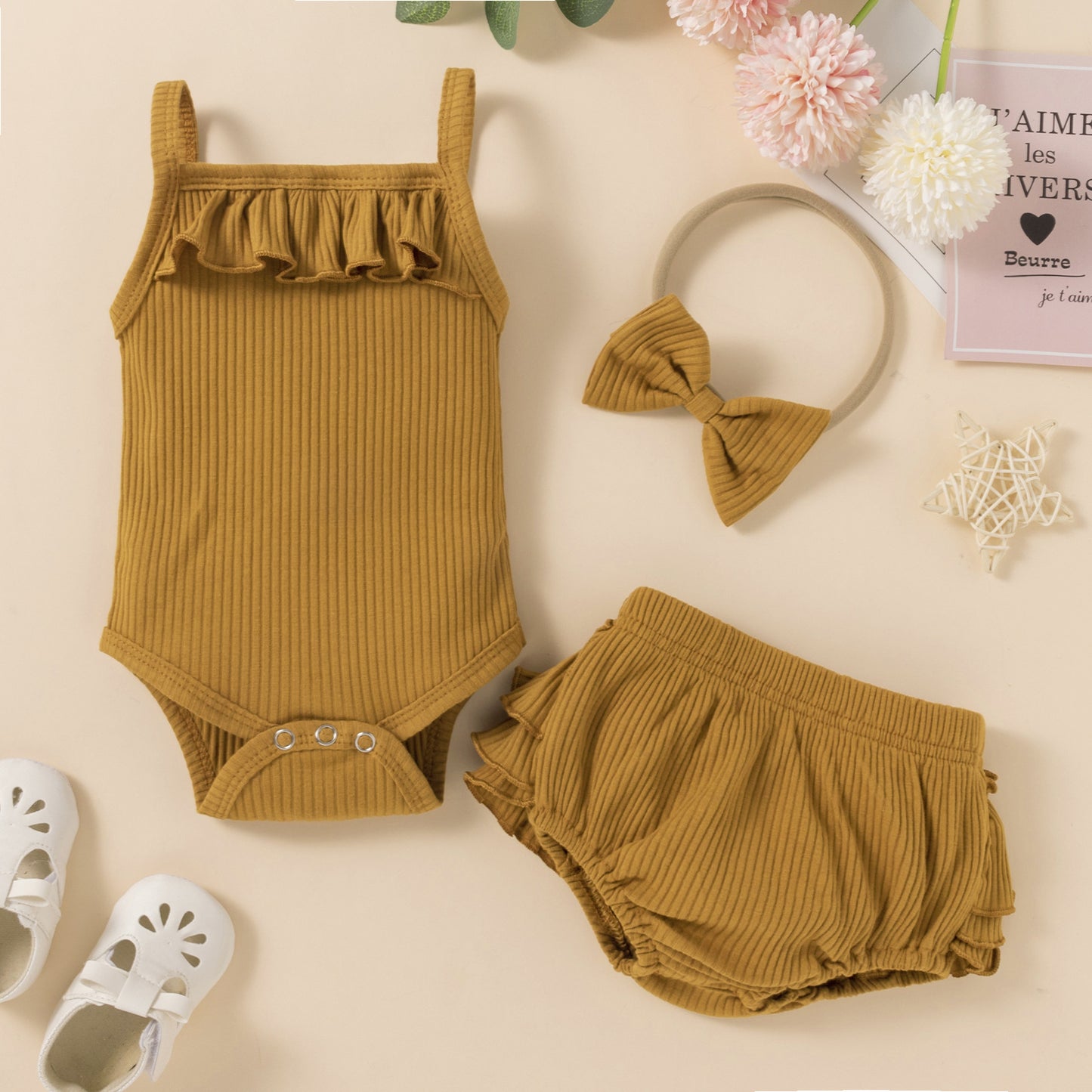 Children's Clothing Baby Solid Color Three-piece Set Sunken Stripe Strap Lace Multi-layer Edge Romper