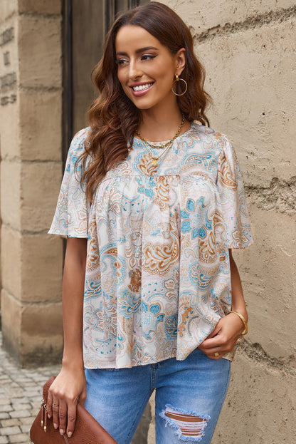 Sky Blue Paisley Pattern Print Drawstring V Neck Blouse