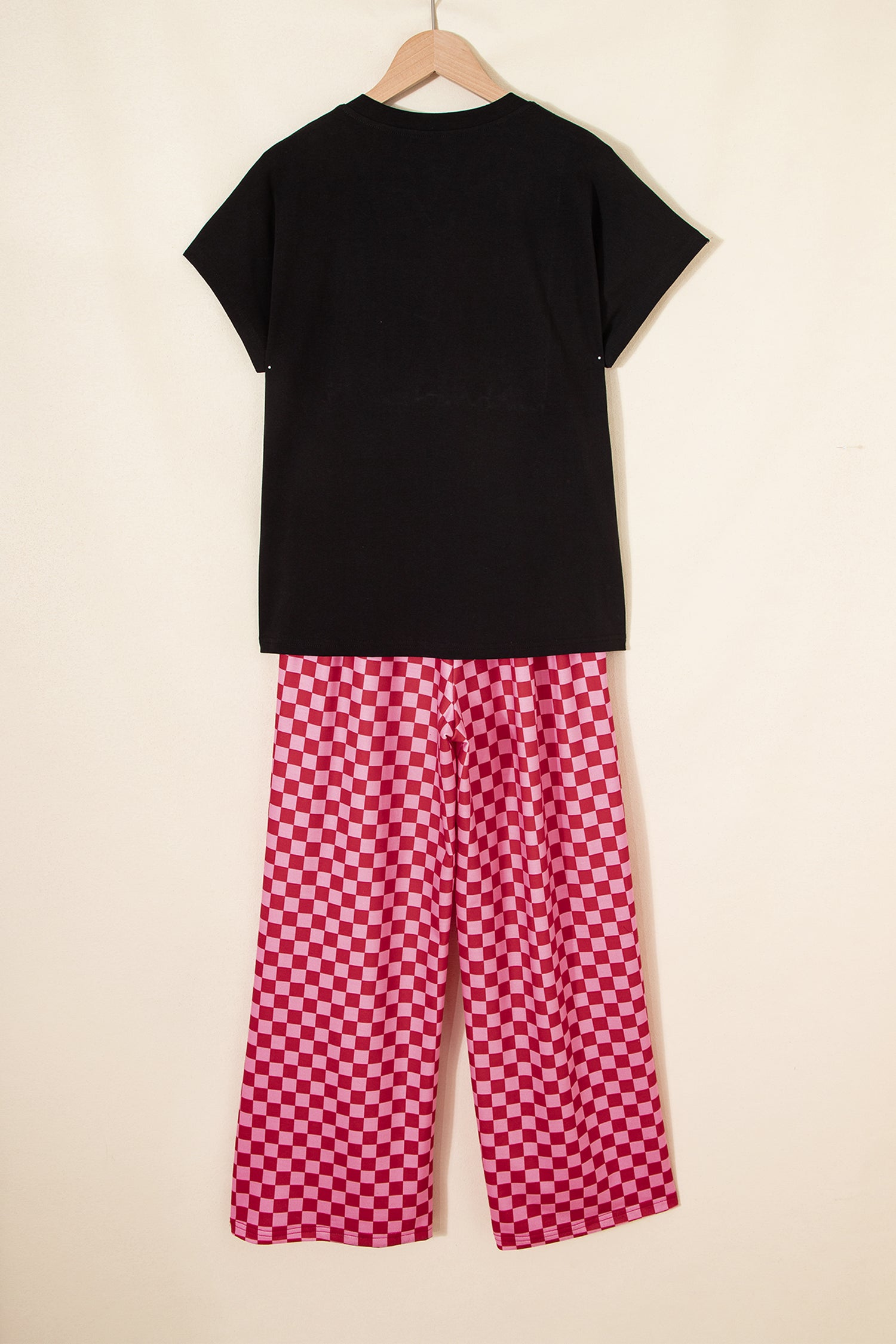 Black V Neck HONEY Tee Contrasted Checkered Pant Set
