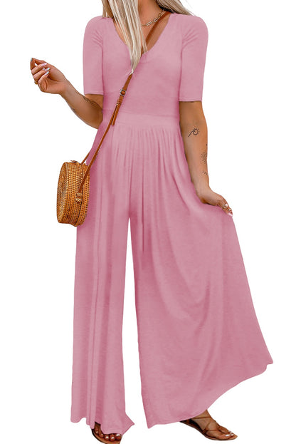 Pink Short Sleeve Bodice Flowy Wide Leg Jumpsuit