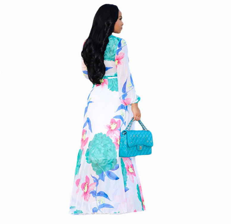 Chiffon Long-Sleeved Digital Print Big Skirt Dress Women's Clothing