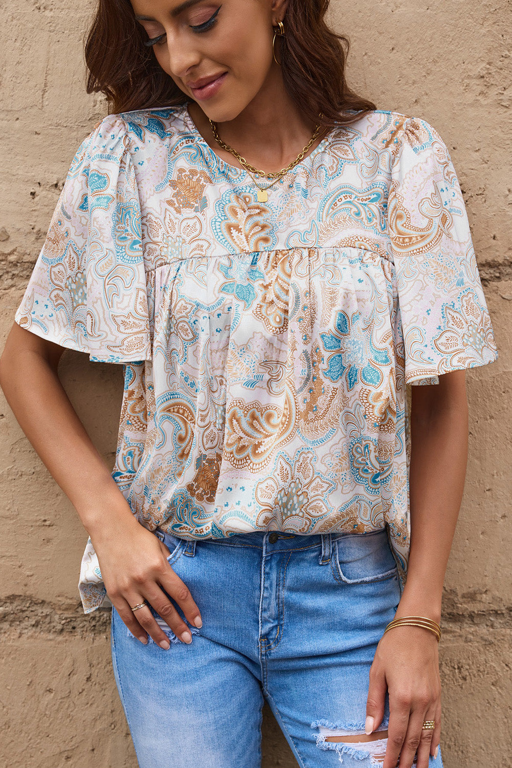 Sky Blue Paisley Pattern Print Drawstring V Neck Blouse