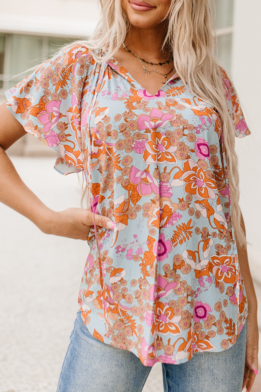 Brown Vintage Floral Smocked Bodice Flare Sleeve Tiered Long Dress