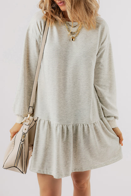 Black Solid Color Puff Sleeve Ruffle Hem Mini Dress