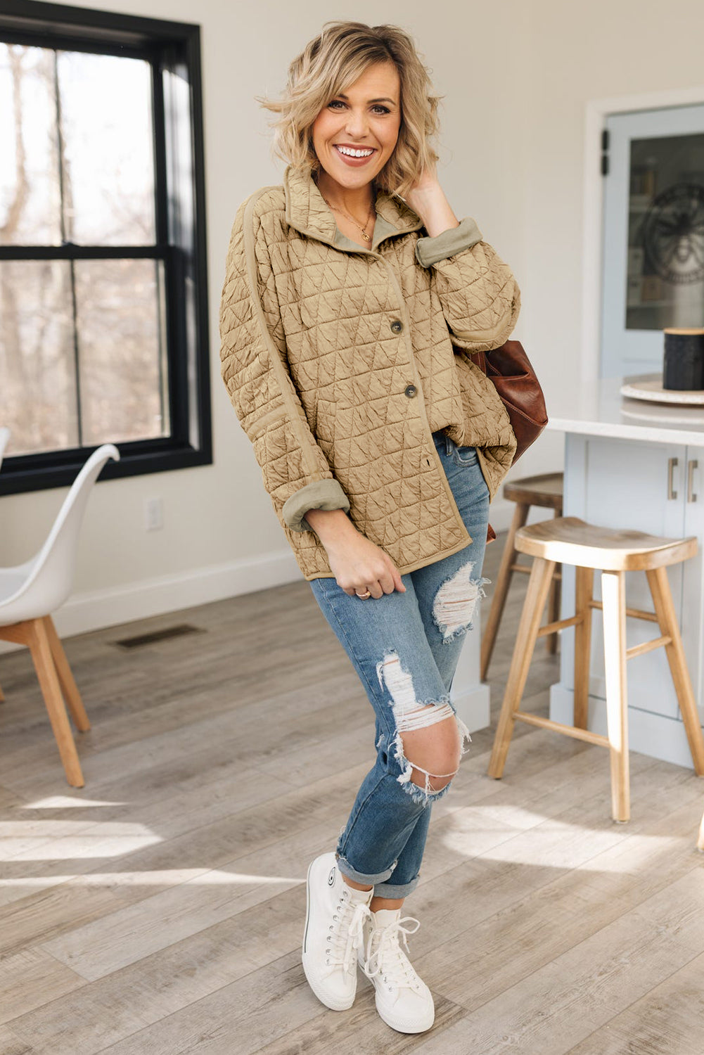 Beige Quilted V Neck Hoodie Drawstring Shorts Set