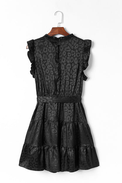 Rose Satin Leopard Tie Waist Frilled Sleeveless Dress