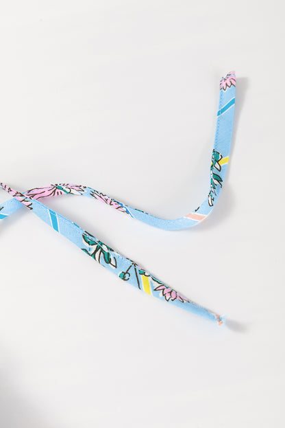 Sky Blue Floral Striped Print Shirred Yoke Split Neck Blouse