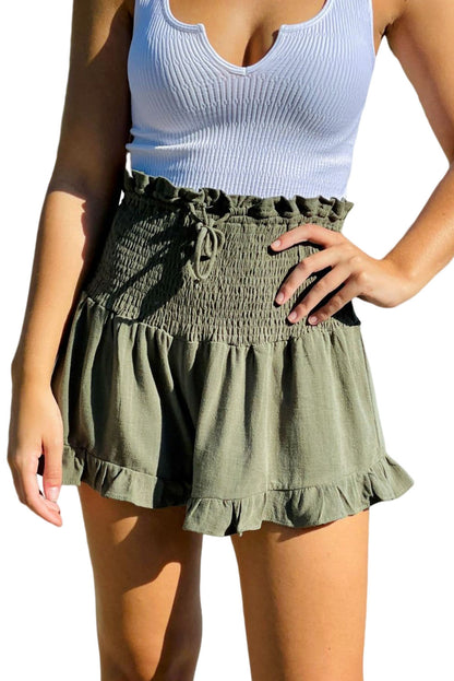 Green Smocked Wide Waistband Ruffled Casual Shorts