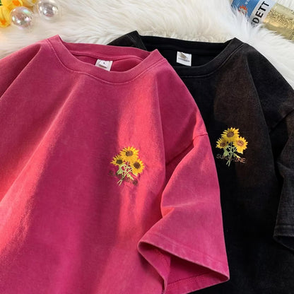 Sunflower Embroidered Washed Short-sleeved T-shirt For Men