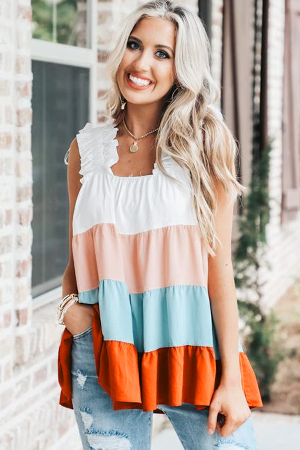 Multicolor Frill Tiered Colorblock A-line Sundress